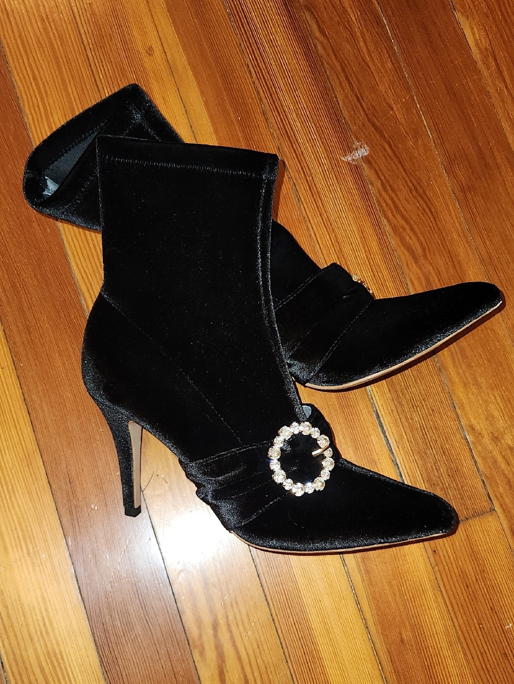 Raye Black Velvet Pointed-Toe Ankle Boots with Crystal Buckle